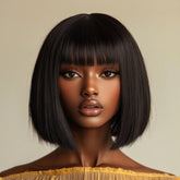 Black Silk Top Lace Straight Full Fringe Glueless Human Hair Bob Wig